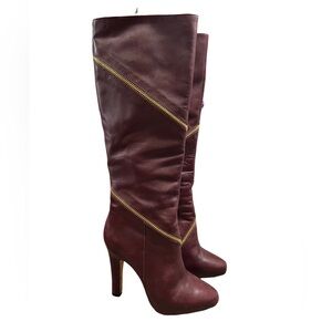 Vintage Diane Von Furstenberg DVF Maroon Leather High Heel Zipper Knee Boots 9